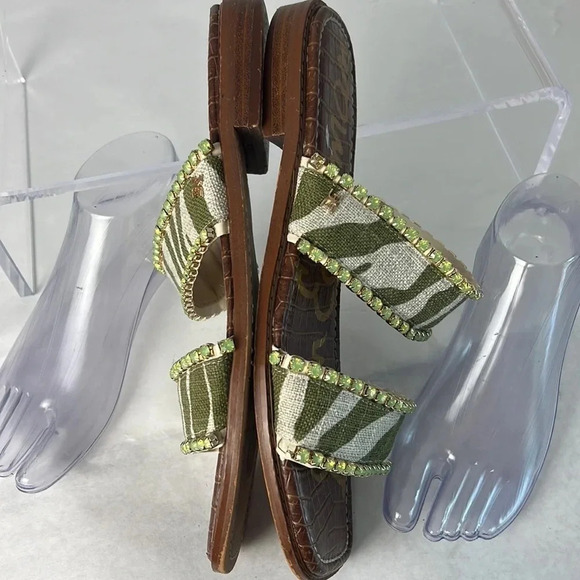 Sam Edelman HOPIE Zebra Green Linen Square Toe Slide Sandals Rhinestones Size 11 - Picture 10 of 16